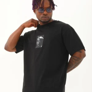 Alternative view of Unisex Oversize Baskılı Bisiklet Yaka T-Shirt - Siyah