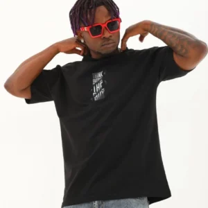 Alternative view of Unisex Oversize Baskılı Bisiklet Yaka T-Shirt - Siyah