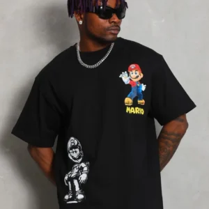 Alternative view of Unisex Oversize Baskılı Bisiklet Yaka T-Shirt - Siyah