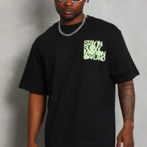 Alternative view of Unisex Oversize Baskılı Bisiklet Yaka T-Shirt - Siyah