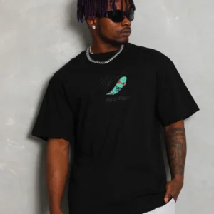 Alternative view of Unisex Oversize Baskılı Bisiklet Yaka T-Shirt - Siyah