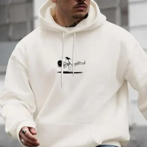 Alternative view of Erkek Baskılı Kapüşonlu ve Kordon İpli Sweat - Beyaz