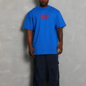 Alternative view of Unisex Oversize Baskılı Bisiklet Yaka T-Shirt - Mavi