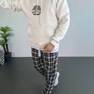 Erkek Baskılı Üç İplik Kapüşonlu Oversize Sweatshirt - Beyaz