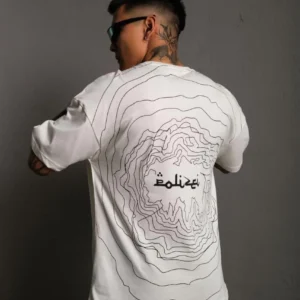 Erkek Bisiklet Yakalı Sırt Baskılı Oversize T-Shirt - Beyaz