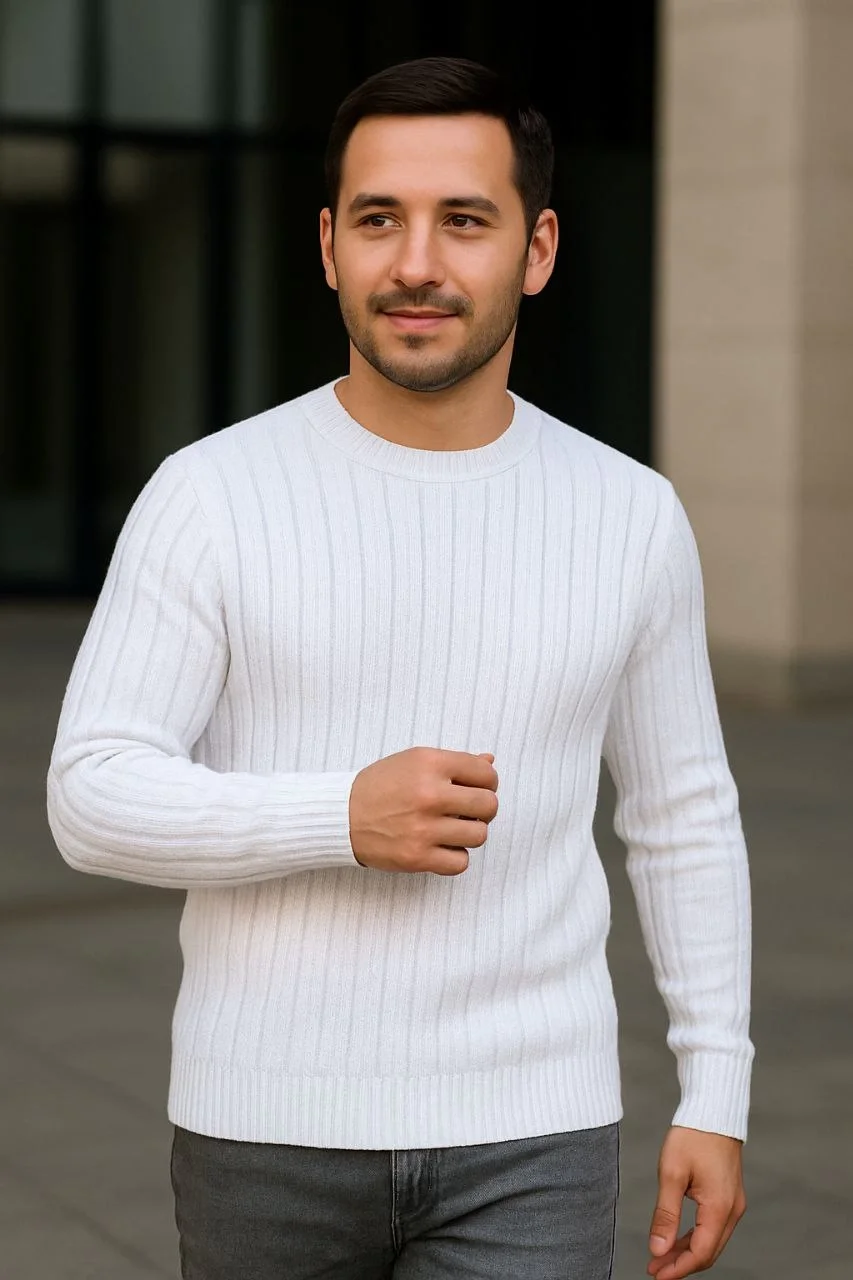 Erkek Bisiklet Yuvarlak Yaka Triko Kazak Pamuklu Kalın Fitilli Dokuma, Regular Fit Uzun Kollu Kışlık Model - Beyaz - Görsel 2