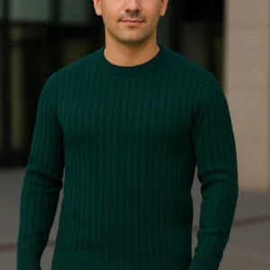 Erkek Bisiklet Yuvarlak Yaka Triko Kazak Pamuklu Kalın Fitilli Dokuma, Regular Fit Uzun Kollu Kışlık Model - Haki