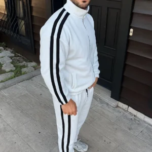 Erkek Çift Şeritli Eşofman Takım Dik Yaka Fermuarlı Sweatshirt Boru Paça Alt, Oversize 3 iplik Pamuklu - Beyaz
