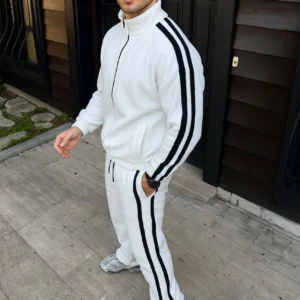 Alternative view of Erkek Çift Şeritli Eşofman Takım Dik Yaka Fermuarlı Sweatshirt Boru Paça Alt, Oversize 3 iplik Pamuklu - Beyaz