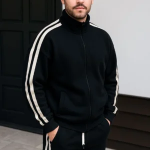 Erkek Çift Şeritli Eşofman Takım Dik Yaka Fermuarlı Sweatshirt Boru Paça Alt, Oversize 3 iplik Pamuklu - Siyah