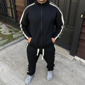 Alternative view of Erkek Çift Şeritli Eşofman Takım Dik Yaka Fermuarlı Sweatshirt Boru Paça Alt, Oversize 3 iplik Pamuklu - Siyah