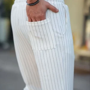 Erkek Cizgili Dokuma Krep Jogger Buggy Pantalon Rahat kalıp - Beyaz