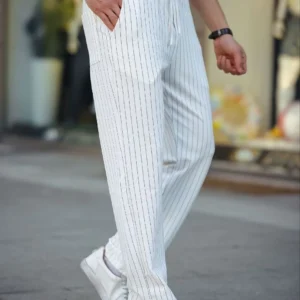 Alternative view of Erkek Cizgili Dokuma Krep Jogger Buggy Pantalon Rahat kalıp - Beyaz