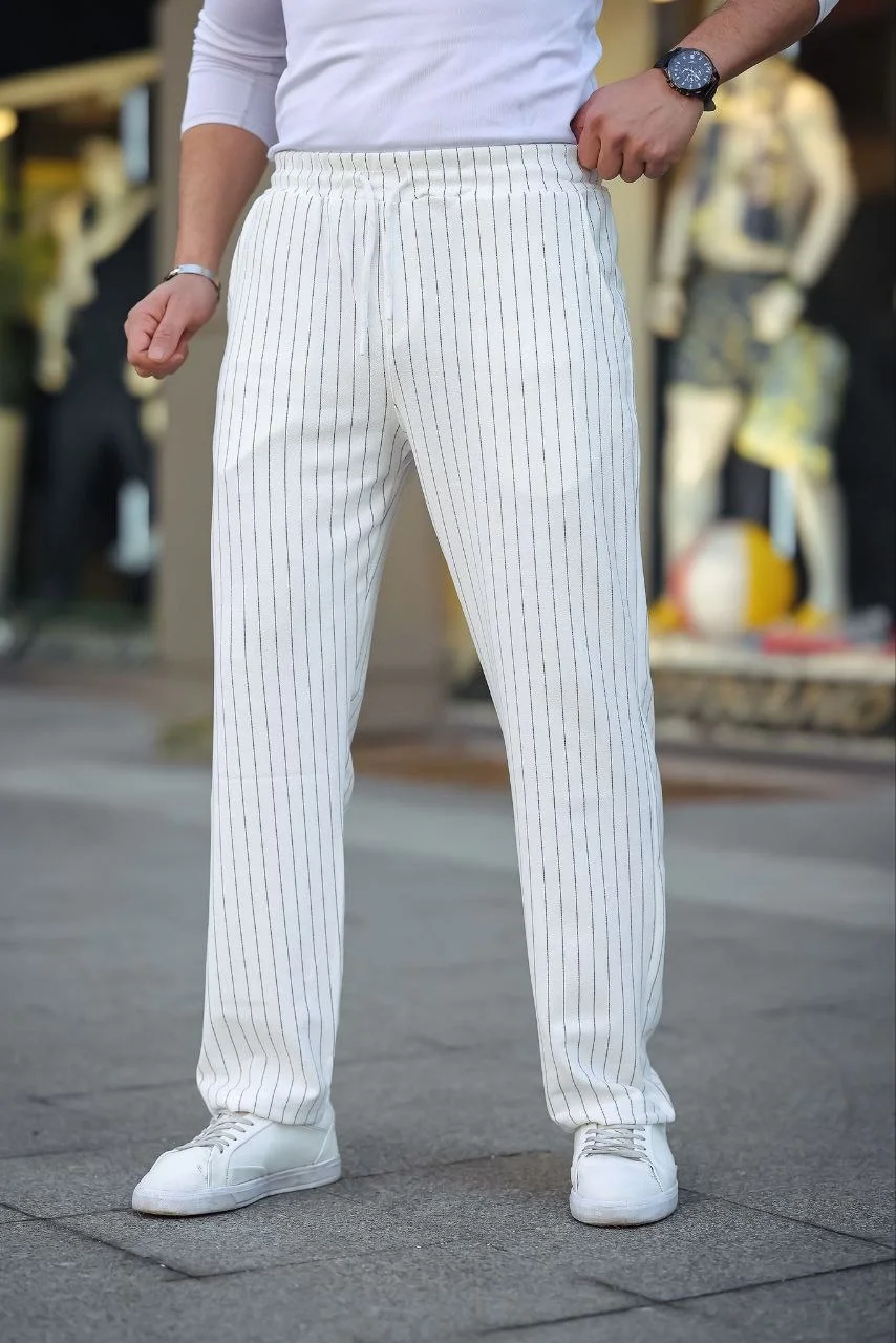 Erkek Cizgili Dokuma Krep Jogger Buggy Pantalon Rahat kalıp - Beyaz - Görsel 3