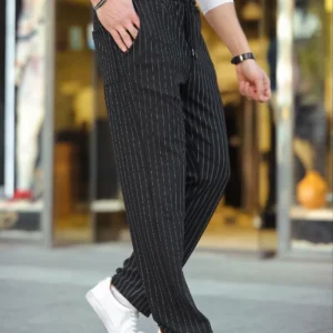 Erkek Cizgili Dokuma Krep Jogger Buggy Pantalon Rahat kalıp - Siyah