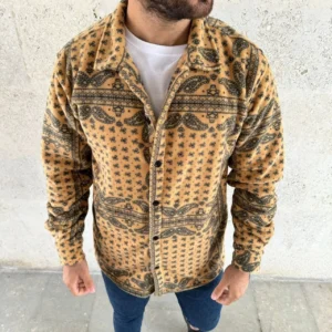 Alternative view of Erkek Desenli Düğmeli Polar Gömlek – Hardal Paisley Desen Yakalı, Uzun Kollu, Oversize Rahat Kalıp - Sarı