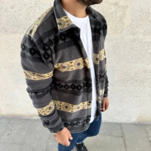 Alternative view of Erkek Desenli Polar Gömlek – Etnik Şerit Desen Yakalı, Uzun Kollu, Düğmeli, Oversize Rahat Kalıp - Füme