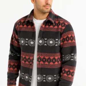 Erkek Desenli Polar Gömlek – Etnik Şerit Desen Yakalı, Uzun Kollu, Düğmeli, Oversize Rahat Kalıp - Füme