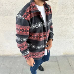 Alternative view of Erkek Desenli Polar Gömlek – Etnik Şerit Desen Yakalı, Uzun Kollu, Düğmeli, Oversize Rahat Kalıp - Füme