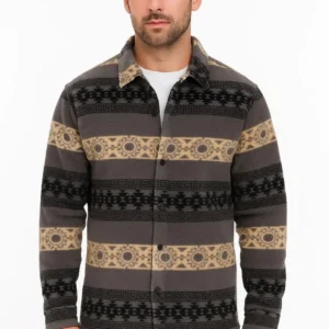 Erkek Desenli Polar Gömlek – Etnik Şerit Desen Yakalı, Uzun Kollu, Düğmeli, Oversize Rahat Kalıp - Füme