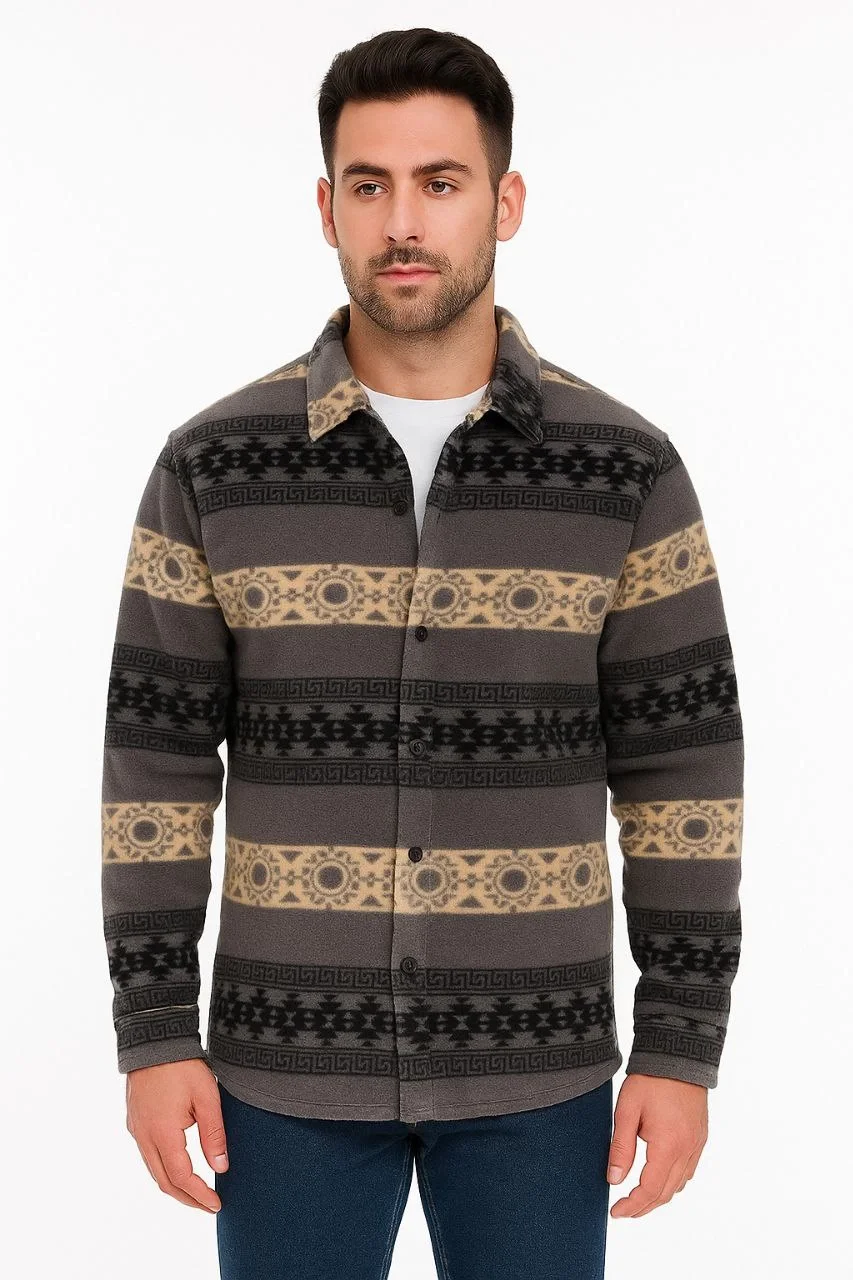 Erkek Desenli Polar Gömlek – Etnik Şerit Desen Yakalı, Uzun Kollu, Düğmeli, Oversize Rahat Kalıp - Füme