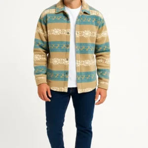 Erkek Desenli Polar Gömlek – Etnik Şerit Desen Yakalı, Uzun Kollu, Düğmeli, Oversize Rahat Kalıp - Sarı