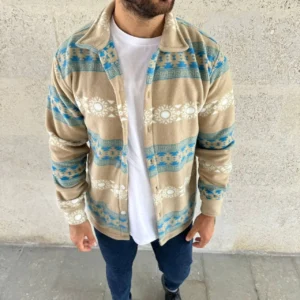 Alternative view of Erkek Desenli Polar Gömlek – Etnik Şerit Desen Yakalı, Uzun Kollu, Düğmeli, Oversize Rahat Kalıp - Sarı