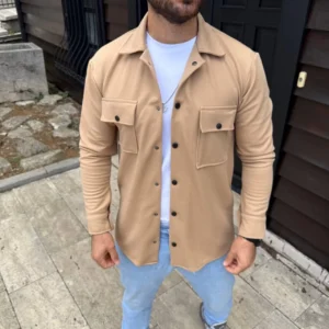 Alternative view of Erkek Diagonal Kumaş Cepli Çıtçıtlı uzun Kollu, Gömlek Oversize Rahat Kalıp Günlük Şık Stil - Bej