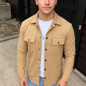 Erkek Diagonal Kumaş Cepli Çıtçıtlı uzun Kollu, Gömlek Oversize Rahat Kalıp Günlük Şık Stil - Bej