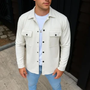 Erkek Diagonal Kumaş Cepli Çıtçıtlı uzun Kollu, Gömlek Oversize Rahat Kalıp Günlük Şık Stil - Beyaz
