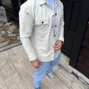 Alternative view of Erkek Diagonal Kumaş Cepli Çıtçıtlı uzun Kollu, Gömlek Oversize Rahat Kalıp Günlük Şık Stil - Beyaz
