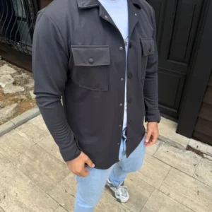 Alternative view of Erkek Diagonal Kumaş Cepli Çıtçıtlı uzun Kollu, Gömlek Oversize Rahat Kalıp Günlük Şık Stil - Füme