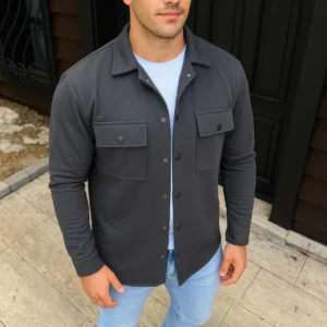 Erkek Diagonal Kumaş Cepli Çıtçıtlı uzun Kollu, Gömlek Oversize Rahat Kalıp Günlük Şık Stil - Füme