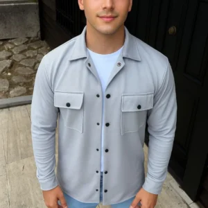 Erkek Diagonal Kumaş Cepli Çıtçıtlı uzun Kollu, Gömlek Oversize Rahat Kalıp Günlük Şık Stil - Gri