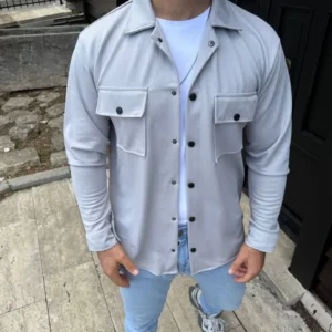 Alternative view of Erkek Diagonal Kumaş Cepli Çıtçıtlı uzun Kollu, Gömlek Oversize Rahat Kalıp Günlük Şık Stil - Gri