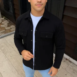 Erkek Diagonal Kumaş Cepli Çıtçıtlı uzun Kollu, Gömlek Oversize Rahat Kalıp Günlük Şık Stil - Siyah