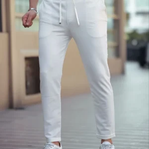 Alternative view of Erkek Diagonel Mikro dokulu Cepli Beli Lastilki Pantolon - Bej