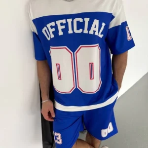 Erkek Şortlu Takım – Oversize İki İplik Kumaş, Ön & Arka Dijital Baskılı Tişört ve Lastikli Cepli Şort, Yazlık Günlük Spor Set - Mavi