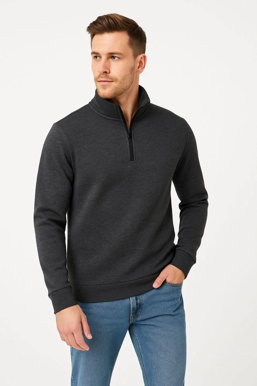 Erkek Dik Yaka Sweatshirt Dik Yaka Yarım Fermuarlı 3 İplik Şardonlu Pamuk Kumaş - Antrasit - Görsel 2