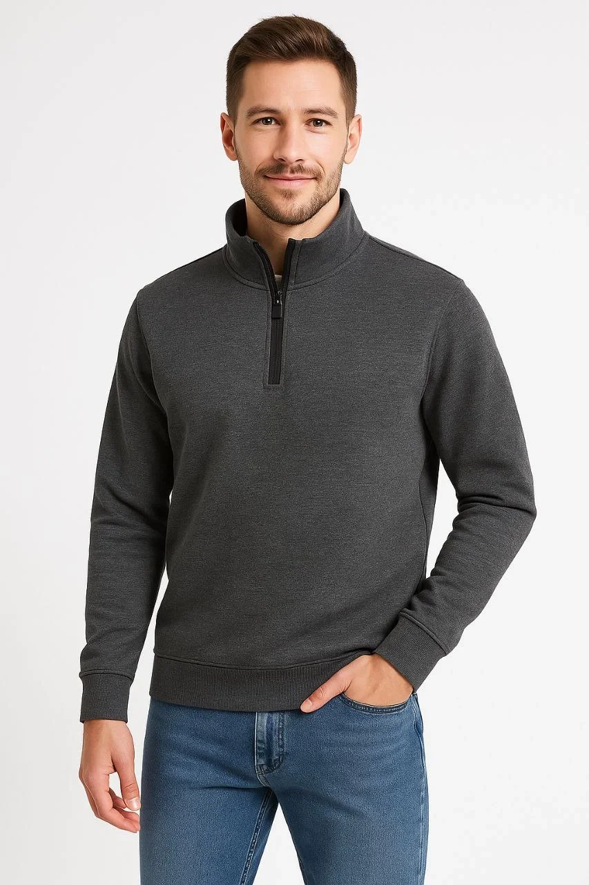 Erkek Dik Yaka Sweatshirt Dik Yaka Yarım Fermuarlı 3 İplik Şardonlu Pamuk Kumaş - Antrasit - Görsel 3