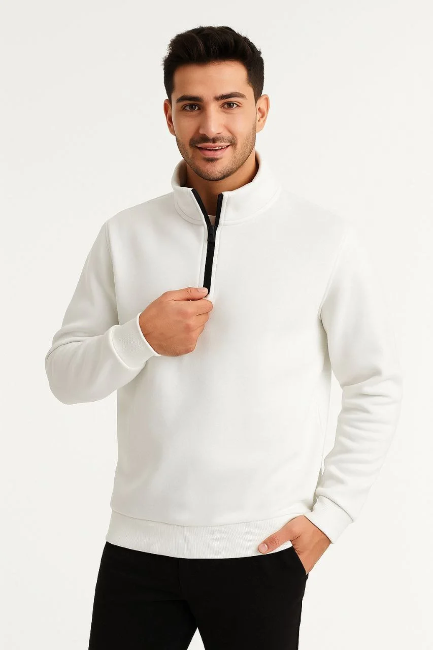Erkek Dik Yaka Sweatshirt Dik Yaka Yarım Fermuarlı 3 İplik Şardonlu Pamuk Kumaş - Beyaz - Görsel 2