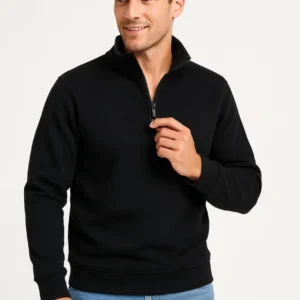 Erkek Dik Yaka Sweatshirt Dik Yaka Yarım Fermuarlı 3 İplik Şardonlu Pamuk Kumaş - Siyah