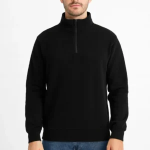 Alternative view of Erkek Dik Yaka Sweatshirt Dik Yaka Yarım Fermuarlı 3 İplik Şardonlu Pamuk Kumaş - Siyah