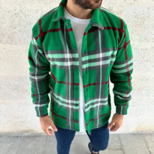 Alternative view of Erkek Ekose Desenli Düğmeli Polar Yakalı Uzun Kollu Gömlek Oversize Rahat Kalıp - Yeşil