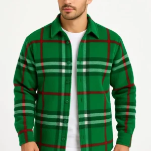 Erkek Ekose Desenli Düğmeli Polar Yakalı Uzun Kollu Gömlek Oversize Rahat Kalıp - Yeşil
