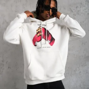 Erkek Eldiven Baskılı Kapüşonlu Sweat - Beyaz