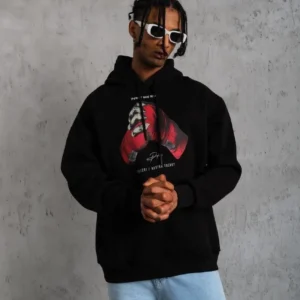 Erkek Eldiven Baskılı Kapüşonlu Sweat - Siyah