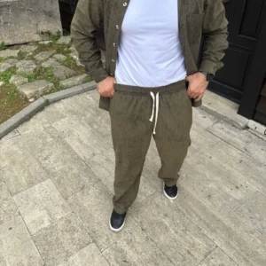 Alternative view of Erkek Fitilli Kadife Cepli Buggy Pantolon Oversize Rahat Kalıp - Haki