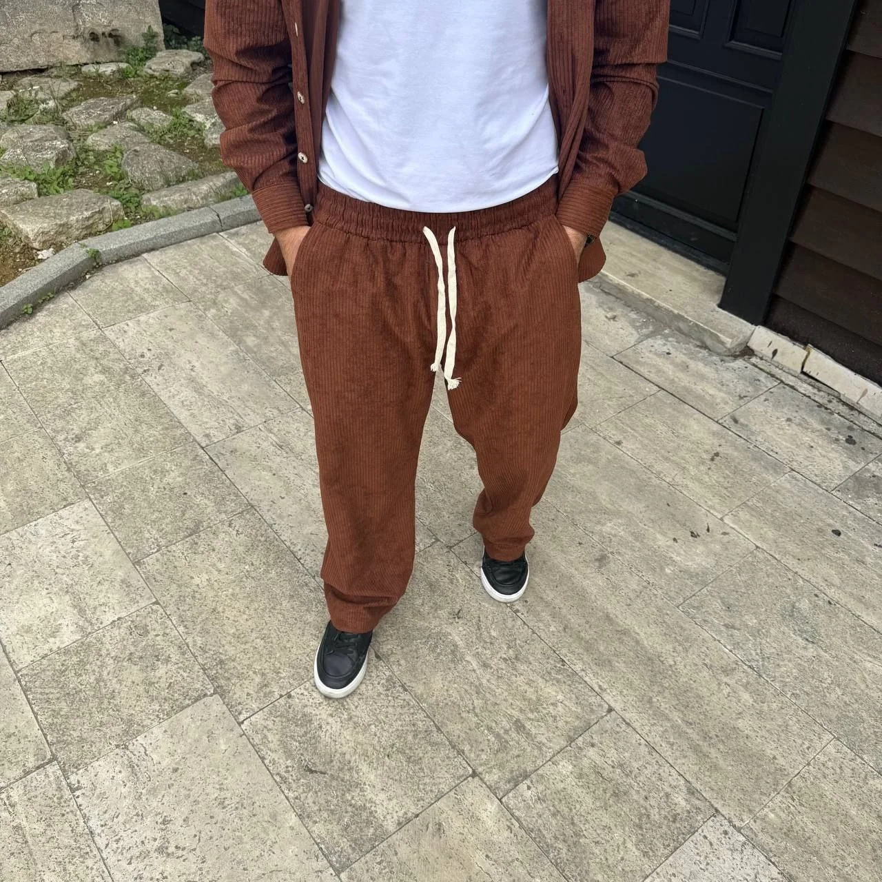 Erkek Fitilli Kadife Cepli Buggy Pantolon Oversize Rahat Kalıp - Kahverengi - Görsel 3