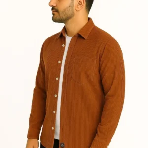 Erkek Fitilli Kadife Cepli Gömlek Oversize Rahat Kalıp - Kahverengi
